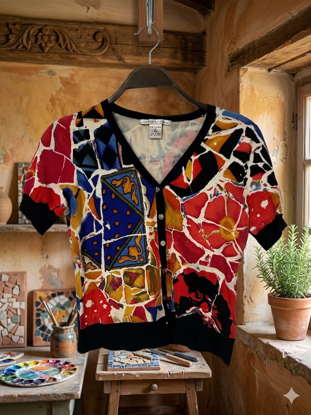 Peter Nygard Colorblock Floral & Geometric Short Sleeve Cardigan